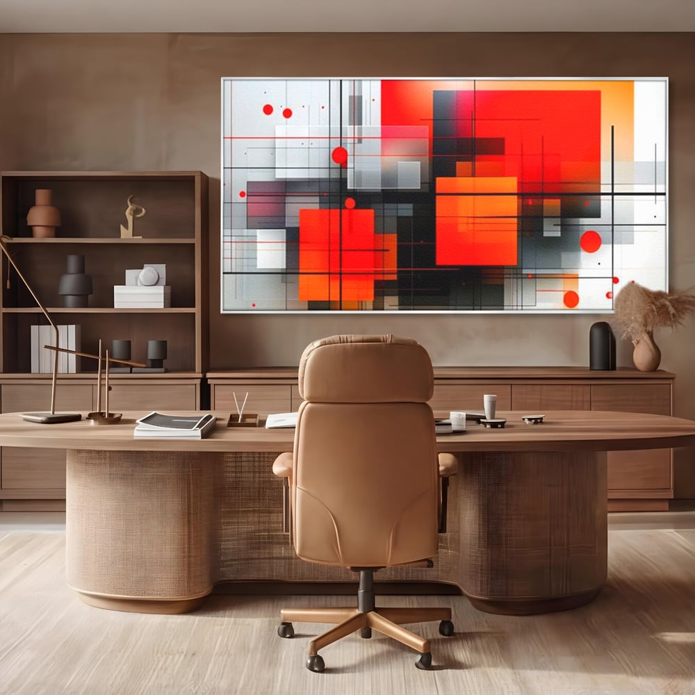 Tablou canvas cu ilustratie geometrica abstracta cu patrate, in rama de aluminiu argintiu, pe perete intr-un birou